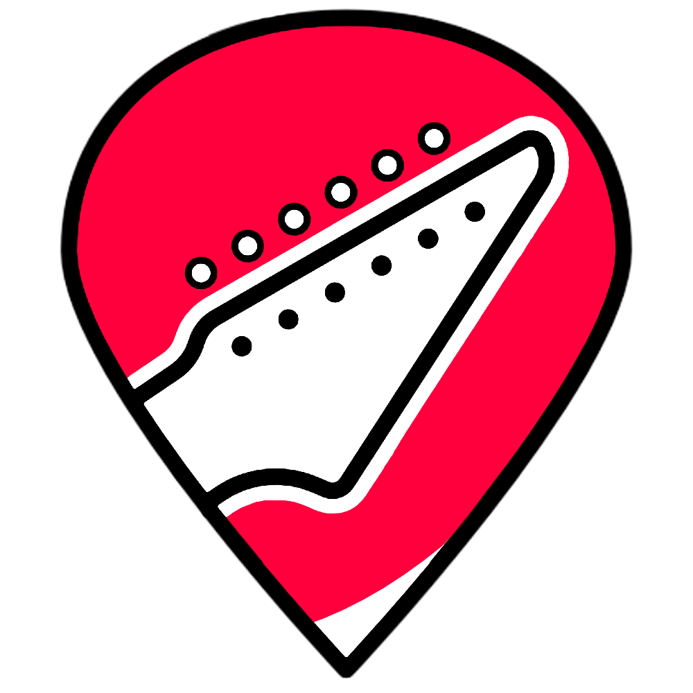 Unity Shredfest logo with a white electric guitar headstock on a red guitar pick