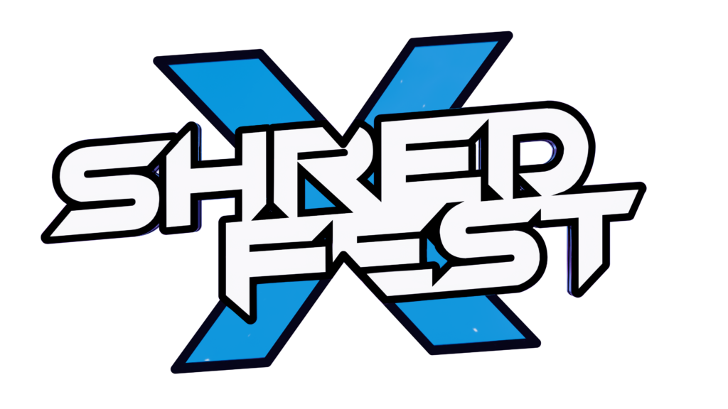 Shred Fest 10 Logo with white text that says shredfest and a blue X underneath it